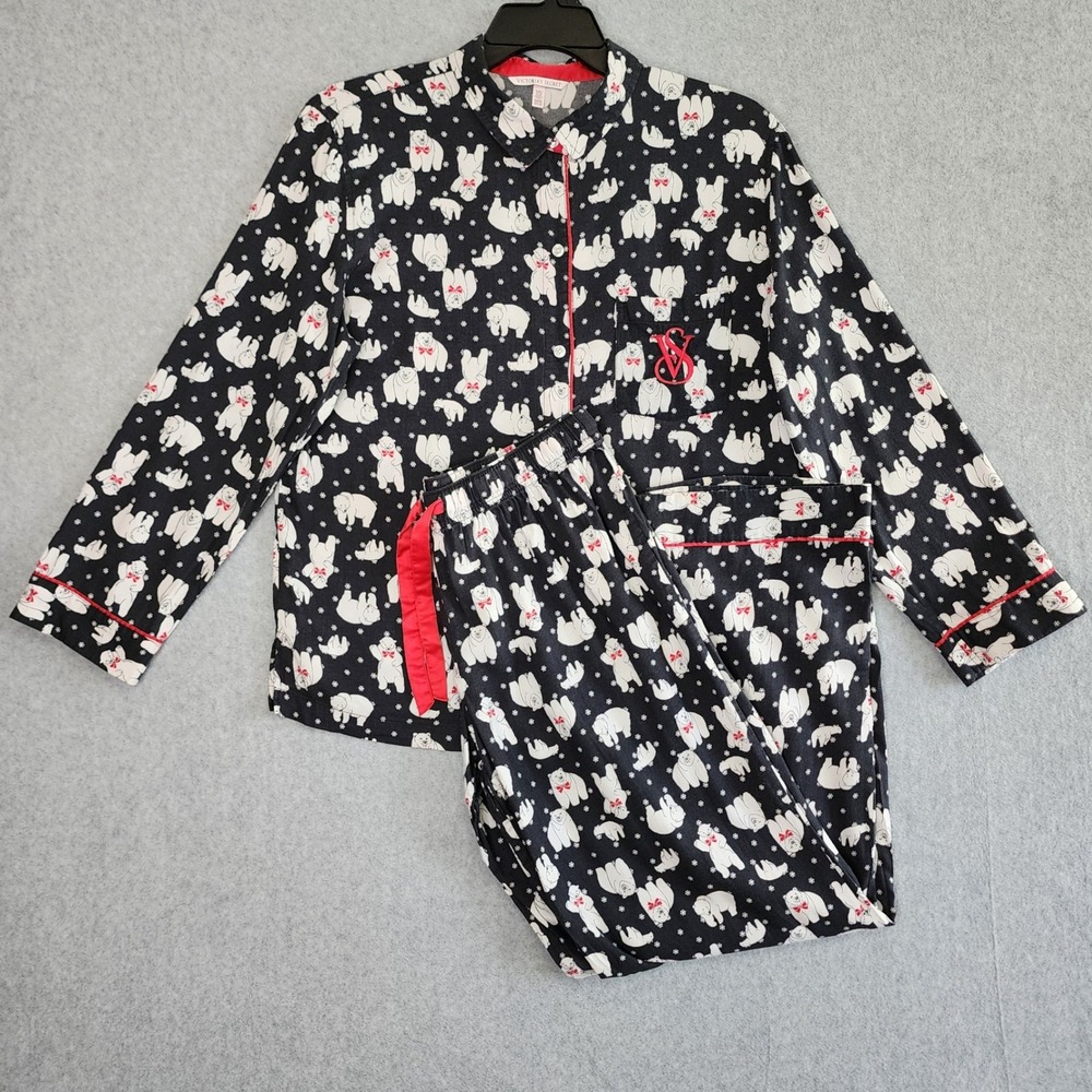 Victorias Secret Pajama Set Medium Black Polar Bear Print Holiday Sleepwear